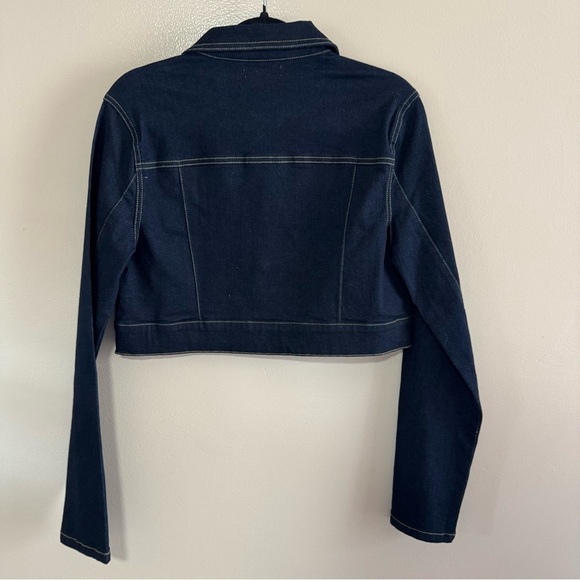 Cropped Denim Dark Wash Trucker Jacket Stretch Knit Comfy Size XS Lightweight - Picture 7 of 7